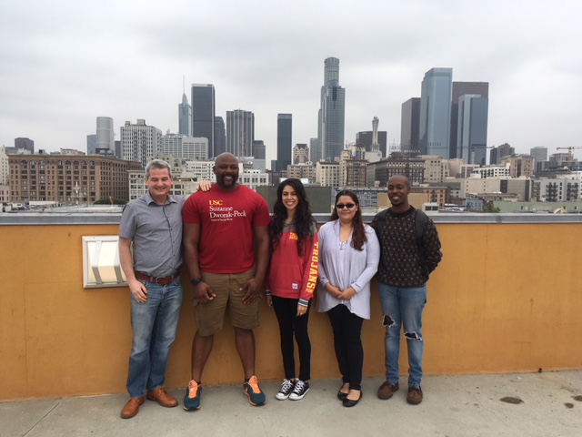 Dan Field and Dario Grant with USC classmates during a Spring 2018 class outing in Los Angeles